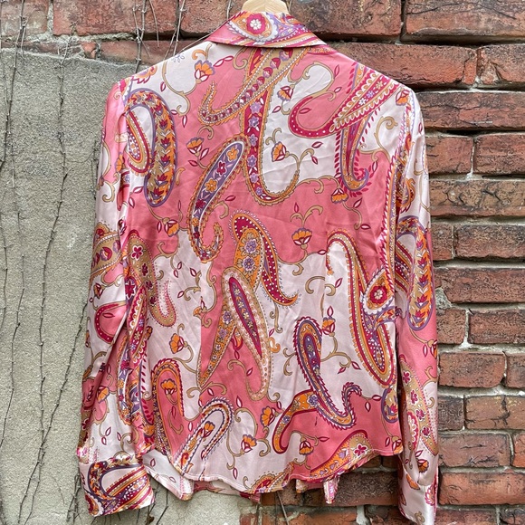 Pink paisley print long sleeve silk button down 6 - Picture 7 of 10